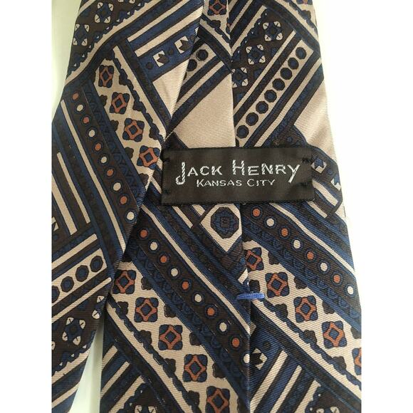 Jack Henry Men’s All Silk Necktie Geometric Tan & Black 58x4” Vintage Kansas - Picture 1 of 4